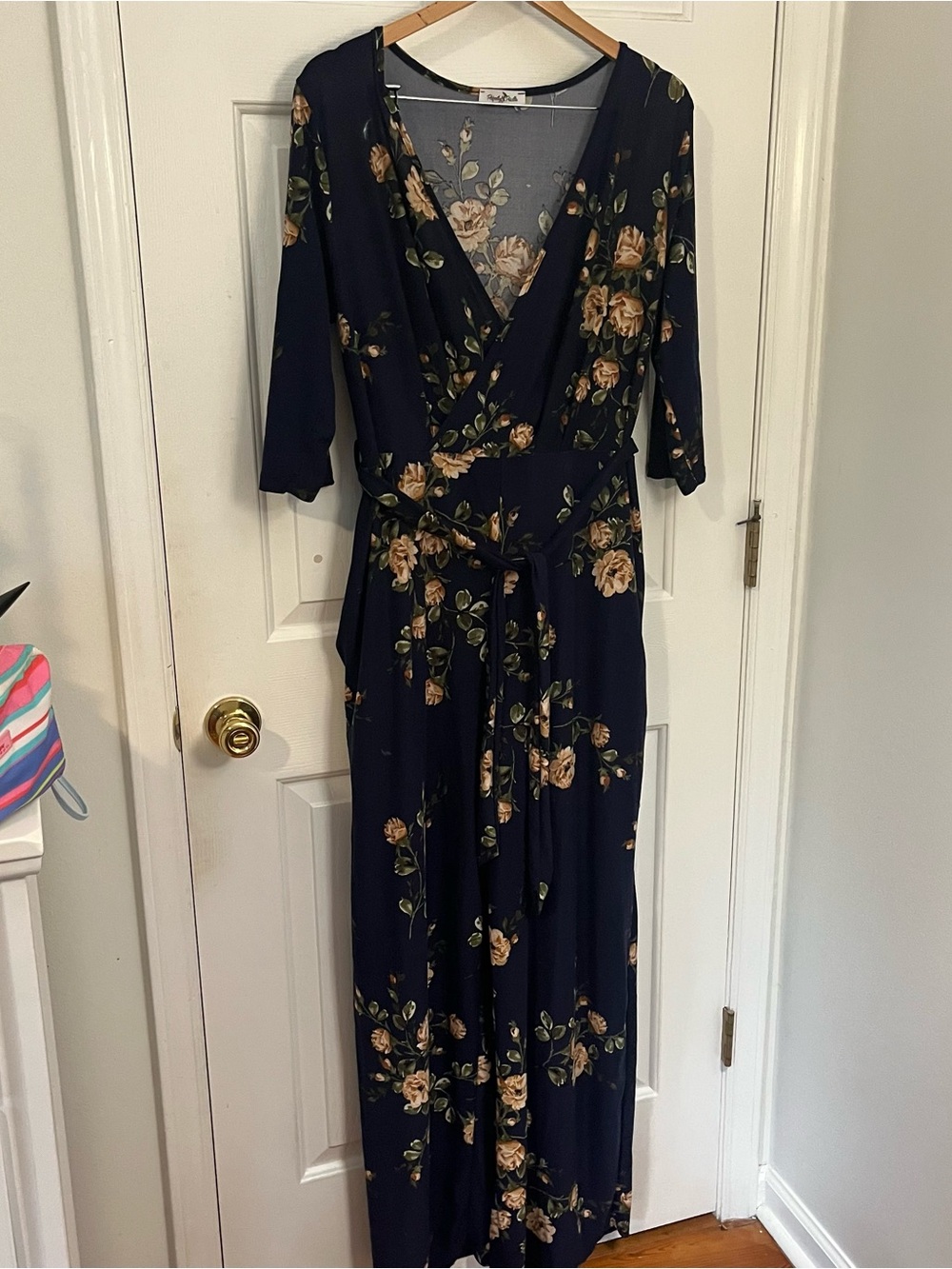 Floral Wrap Jumpsuit - Navy with Beige Roses